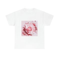 POWDERY PINK ROSE high quality cotton tee is the basic staple of any elegant wardrobe. It is the foundation upon which casual fashion grows.No side seams mean there are no itchy interruptions under the arms. The shoulders have tape for improved durability. .: 100% cotton  .: Medium fabric  .: Classic fit .: Tear-away label .: Runs true to size White Cotton T-shirt With Rose Print, Spring Rose Print Short Sleeve T-shirt, Pink Rose Print Crew Neck T-shirt, Trendy Rose Print T-shirt For Spring, Spring Cotton T-shirt With Rose Print, Casual Cotton T-shirt With Rose Print, Casual Rose Cotton Top, Cotton Crew Neck Top With Rose Print, Casual Rose Print Tops