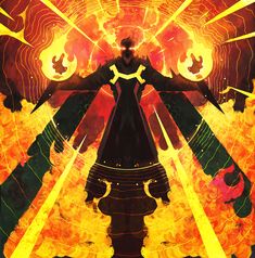 an illustration of a person standing in the middle of flames with their arms spread out