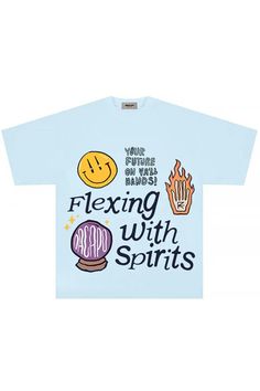 Flexing With Spirits Psychedelic Artsy Print Unisex T-Shirt 03 Artsy Cotton T-shirt With Graphic Print, Artistic Blue Short Sleeve T-shirt, Unisex Blue T-shirt For Streetwear, Summer Graphic Print T-shirt For Artistic Expression, Casual T-shirt With Letter Print For Artistic Expression, Trendy Blue T-shirt With Front Print, Casual Graphic Design T-shirt For Artistic Expression, Trendy Blue Graphic Print T-shirt, Artsy Graphic Design Top For Streetwear