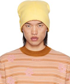 Knit virgin wool beanie in yellow. · Mohair-blend jacquard logo at face · Distressing at brim Supplier color: Pineapple Yellow Cotton Beanie Hat, Yellow Beanie Cap For Winter, Yellow Beanie Hat For Spring, Yellow Beanie For Spring, Yellow Spring Beanie Hat, Wool Beanie, Beanie Hats, Romania, Apparel Accessories