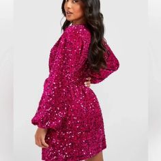 Long Sleeve, Velvet Sequin, Wrap Dress Hot Pink Sequin Dress, Sequin Wrap Dress, Pink Sequin Dress, Boohoo Dresses, Pink Sequin, Dance Dresses, Sequin Dress, Wrap Dress, Colorful Dresses