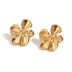 Add a pop of fun to your spring wardrobe with these Flower Statement Earrings! These large flower earrings are the perfect accessory to make a statement with your outfit. Embrace the spirit of the season with these playful and quirky earrings. DETAILS & SIZE Sold as a pair Finish: 18K gold plate Material: Stainless Steel Measurements: Large: 29mmx33mm; Medium: 19mmx16mmmm Weight: Large: 10.8 grams; Medium: 3.5 grams Comes with friction earring backs Waterproof, tarnish-resistant, and nickel free Shop Earrings to curate your ear stack! Flower Statement Earrings, Ear Bar, Quirky Earrings, Silver Statement Earrings, Ear Stack, Gold Statement Earrings, Waterproof Jewelry, Dainty Bracelets, Statement Bracelet