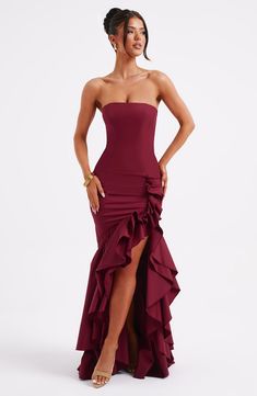 Angelina Maxi Dress - Burgundy Ruffle Long Dress, Marine Uniform, Off Shoulder Fashion, Split Maxi Dress, Split Dress, Ruffled Maxi Dress, Looks Chic, Mermaid Dress, Club Dresses