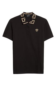 Glimmering Greek-key patterning highlights the spread collar on this slim-fitting cotton polo further refined with an embroidered Medusa head at the chest. Style Name:Versace Metallic Greca Collar Piqué Polo. Style Number: 6252215. Medusa Head, Polo Style, Greek Key, Designer Clothes For Men, Cotton Polo, Large Black, Versace, Men's Polo Shirt, Polo Ralph Lauren