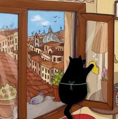 a black cat looking out the window at an outside cityscape with buildings in the background