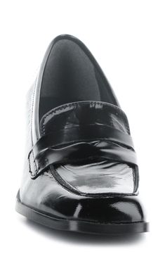 A classic penny keeper and loafer-inspired topline lend timeless sophistication to a leather pump balanced by a squared-off moc toe and sculptural block heel. 2 1/4" heel Cushioned footbed Leather upper/textile lining/rubber sole Made in Portugal Elegant Patent Leather Round Toe Moccasins, Elegant Patent Leather Moccasins With Round Toe, Fitted Round Toe Moccasins For Office, Office Moccasins With Round Toe, Office Fitted Round Toe Moccasins, Classic Slip-on Platform Loafers With Closed Toe, Classic Patent Leather Platform Loafers With Rubber Sole, Formal Closed Toe Moccasins With Leather Lining, Formal Patent Leather Platform Loafers With Rubber Sole