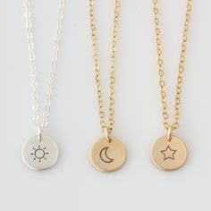 "This cosmic powers of the moon, stars and sun come together in this beautiful charm necklace. Choose just one or all three for the perfect combination, offered in 14k gold fill, sterling silver or rose gold fill. It's an amazing layering piece but, stylish enough to be worn alone. HOW - TO - ORDER 1. Select your options from the drop down menu see photo for font styles and symbol options 2. Chain length options are 16\", 18\" & 20\". For additional chain lengths a ½\", 1\", 2\" or 3\" exten Cosmic Powers, Morse Code Necklace, Necklace Star, Necklace Moon, Sun Necklace, Bff Necklaces, Celestial Necklace, Friend Necklaces, Chain Extenders