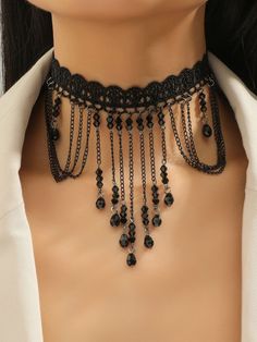 Black Halloween Gothic Lace Beaded Choker Necklace Black Beaded Choker, Gothic Beaded Jewelry, Black Necklace Elegant, Goth Prom Makeup, Diy Choker Necklace Tutorials, Gothic Beaded Choker For Festivals, Gothic Choker Necklace For Halloween, Edgy Halloween Choker Necklace, Goth Beaded Necklace