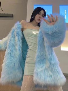 Tavimart Super Hot Women's Winter Fluffy Jacket Coats Elegant Blue Faux Fur Coats Female Long Sleeve Thick Warm Outerwears Lady Oversize Blue Fluffy Jacket, Winter Coat Elegant, Blue Faux Fur Coat, Fur Outfit, Faux Coat, Sheer Swimsuit, Fluffy Jacket, Faux Fur Coats, Y2k Aesthetic Outfits