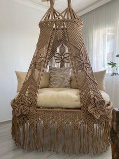 a chair made out of wicker and pillows