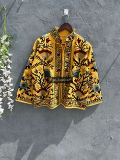 Suzani Beautiful Embroidery Cotton Handmade Jacket, Women Wear Summer Floral Embroidery Coat, Fashion Jacket Unisex Boho Jacket, Uzbek Coat Embroidered Stand Collar Top For Fall, Fall Embroidered Top With Stand Collar, Fall Floral Embroidery Tops With Stand Collar, Spring Folk Outerwear With Chikankari Embroidery, Folk Style Chikankari Embroidery Outerwear For Spring, Traditional Embroidered Outerwear For Fall, Folk Style Embroidered Outerwear For Fall, Traditional Embroidered Fall Outerwear, Festive Folk Style Embroidered Outerwear