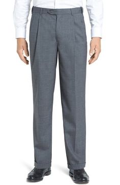 A classic pleated cut styles sharp cuffed trousers fashioned from finely textured wool gabardine and fitted with a self-sizer waistband to ensure a custom fit. 19" leg opening; 13" front rise; 18" back rise (size 34x34). Zip fly with hook-and-bar closure. Front slant pockets; back button-closure welt pockets. Partially lined. Get the perfect fit—book an appointment with one of our alterations experts 100% wool. Dry clean. By Berle; imported. Classic Pleated Wool Bottoms, Classic Wool Pleated Bottoms, Formal Trousers With Accordion Pleats, Formal Pants With Accordion Pleats, Formal Accordion Pleated Trousers, Tailored Pleated Dress Pants For Business, Classic Pleated Dress Pants For Business, Fitted Wool Pleated Bottoms, Formal Bottoms With Belt Loops And Standard Cut Leg