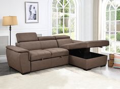 a living room scene with focus on the couch and storage compartment under the sectional sofa