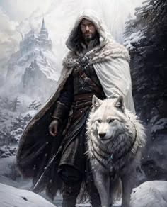 a man in winter clothes standing next to a white wolf