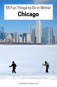 two people cross-country skiing by the chicago skyline