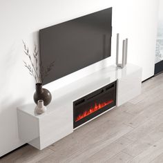 a white entertainment center with an electric fireplace