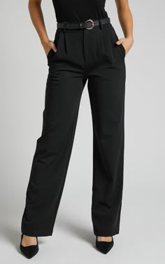 High Waist Straight Pants, Black Dress Pants For Women, Black Womens Dress Pants, Elegant Black Chinos For Business Casual, Solid Wide Leg Chinos For Business Casual, Office Wide-leg Pants With Elastic Waistband, Versatile Straight Formal Bottoms, Versatile Formal Straight Bottoms, Wide Leg Elastane Work Pants