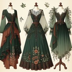 Designs for Elemental Witches Nature Dresses Fairies, Elvish Inspired Outfits, Wood Nymph Dress, Woodland Fae Aesthetic, Dark Fairycore Clothes, Nature Goddess Outfit, Mushroom Themed Outfit, Elven Dress Lotr, Wood Witch Costume