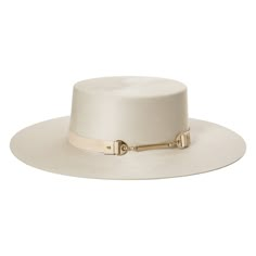 100% wool felt bolero hat with a leather and metal band. Brim measures 3.825 inches and hat comes in a classic round Bijou Van Ness hat box. Elegant Cream Luxury Fedora, Luxury White Felt Hat For Country Events, Western Style Formal Top Hat With Flat Crown, Luxury Adjustable Felt Hat For Formal Occasions, Adjustable Luxury Hat Bands For Formal Occasions, Luxury Formal Top Hat With Flat Brim, Luxury Flat Brim Felt Hat For Formal Occasions, Luxury Fur Felt Hat With Flat Crown, Luxury Felt Hat With Flat Brim For Formal Occasions