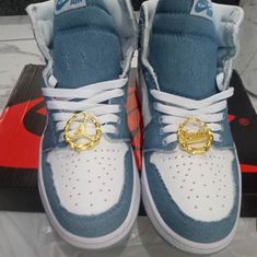 Around The Way Girl Denim Jordan Ones With Bamboo Earring At Least Two Pair With Box Never Worn Size 8 And 7 Cute Jordans For Women, Bamboo Earring, Cute Jordans, Jordan Ones, Bamboo Earrings, Womens Jordans, Denim Shoes, Girls Denim, Jordan Shoes