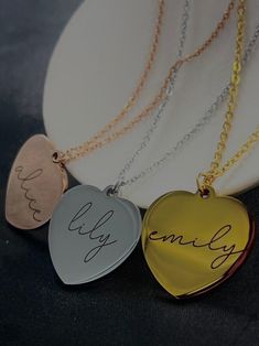 CUSTOM ENGRAVED  PERSONALIZED NAME Necklace for girlfriend, wife , mom , grandma, sister , your love ones or yourself for all occasions: Birthday , Mother's Day , Christmas, Valentine's Day, Anniversaries, Weddings.                                                                                                                                                                                               *Material :  Stainless steel heart shape pendant and chain . I use high tech laser machine to engrave .                                           *Chain length : 16 inches and 18 inches .                 *16 inches chain necklace falls perfectly around the base of the neck like a collar . On a Petite Women , it will hit on collarbone while for Plus -Size Women it may feel like a choker. Heart Shape Necklace, Heart Shaped Necklace, Necklace For Girlfriend, Laser Machine, Heart Shape Pendant, Name Necklaces, Petite Women, Necklace Personalized, Name Necklace