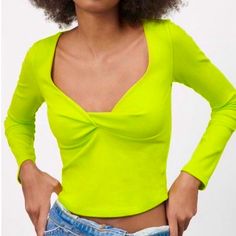 Cropped Neon Top Nwt From Zara With Twist Neckline Detail. Never Worn, Got It As A Gift And Is Too Small. Wear Under Leather Jacket, With A Mini Skirt And Some Chunky Boots - Perfect For Any Night Out!! Cropped Neon, Twist Crop Top, Neon Top, Green Long Sleeve, Chunky Boots, Zara Tops, Neon Green, Got It, Mini Skirt