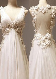 two white dresses on mannequins, one with flowers and the other with pearls