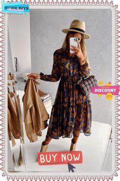 New Long-sleeved Mid-length Printed Dress Casual Fall Dresses For Workwear, Spring Long Sleeve Maxi Dress For Date Night, Casual Long Sleeve Maxi Dress For Fall, Flowy Long Sleeve Midi Dress For Fall, Casual Brown Midi Dress For Fall, Chic Brown Long Sleeve Dress For Spring, Long Sleeve Brown Maxi Dress For Spring, Brown Midi Dress For Spring, Flowy Maxi Dress For Casual Fall Events