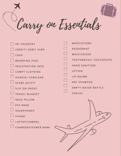 a pink poster with the words carry on essentials and an airplane flying above it