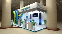 a trade show booth with columns and plants