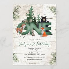 an animal themed birthday party card with the word one on it, surrounded by forest animals