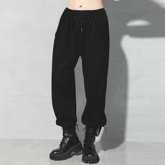 Women Clothes 2020 Loose Casual Match All Personality Tide Cargo Pants - Omychic Trendy Winter Cotton Pants, Black Harem Pants For Winter, Black Relaxed Fit Harem Pants For Winter, Trendy Cotton Sweatpants For Winter, Trendy Solid Pants With Elastic Cuffs, Trendy Winter Pants With Elastic Waistband, High-waist Cotton Joggers With Drawstring, Casual Black Harem Pants With Elastic Waistband, Cotton Drawstring Harem Pants For Streetwear