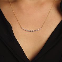 "JSVConcepts Fine Jewelry Diamond Necklace, Curved Bar Diamond Necklace, Wedding Necklace, Bridal Necklace, Wedding Jewelry, Minimalist Necklace, Anniversary Gift ≫ Product Details ◈ Handmade / Handcrafted Fine Jewelry ◈ Diamond: 100% Natural Diamond ◈ Carat Weight: 0.7 ctw. (Total 17 pcs) 1 x 3.1 mm (center diamond) 2 x 2.7 mm 2 x 2.5 mm 2 x 2.3 mm 2 x 1.8 mm 2 x 1.6 mm 2 x 1.5 mm 4 x 1.2 mm ◈ Charm Size: 1 5/8\" ◈ Color: G-H ◈ Clarity: VS2-SI1 ◈ Cut: Brilliant Cut ◈ Metal: Solid 14K Gold (18K Expensive Necklaces, Diamond Necklace Wedding, Diamond Bar Necklace, Necklaces Women, Diamond Necklace Designs, Curved Bar, Diamond Necklace Set, Necklace Bridal, Jewelry Minimalist