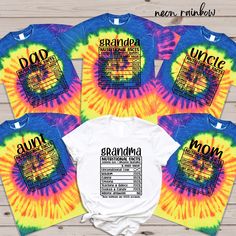 "Funny Family Matching Tie Dye Shirts,Family Nutritional Facts Shirts,Funny Mom Dad Aunt Uncle Grandma Grandpa Shirt,Family Reunion Tshirt Every shirt is unique. However; Tie-Dye shirts are always timeless. So, you are in the right place to add some color to your life. As a 'ColorMix Shirt' team, we prepare all Tie-Dye shirts for you to wear from parties to daily lives. HOW TO ORDER: 1-) Please, check and review all photos and videos. 2-) Choose your product style and color. 3-) See the size cha Funny T-shirt With Text For Family, Graphic Print Short Sleeve Shirt For Family Gatherings, Funny Multicolor Pre-shrunk T-shirt, Fun Short Sleeve T-shirt For Family Reunion, Fun Graphic Print Tops For Family Events, Fun Letter Print Tops For Family Occasions, Fun Short Sleeve Tops For Family Reunion, Cotton Graphic Print Shirt For Family Events, Casual Graphic Print Shirt For Family Gatherings