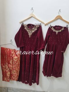 This is designer 2 piece combo for both mother and daughter (up to 10 years) Dress is 2 piece. Top is made in velvet fabric with zardozi  neck embroidry. Bottom is made in pure banarse brocade fabric. Stitching  For stitched dresses you can chose from size chart or can message us for customization.our team will send you size chart for customization. Feel free to convo for any details to help you in your selection because customize dresses cannot be return or exchange. Note: color may slightly va Unstitched Velvet Anarkali Set For Wedding, Velvet Anarkali Set With Dabka For Wedding, Velvet Anarkali Set With Resham Embroidery For Wedding, Anarkali Velvet Lehenga With Dabka Work, Wedding Velvet Anarkali Set With Dabka Detailing, Wedding Velvet Anarkali Set With Dabka, Traditional Designer Velvet Dress, Wedding Velvet Anarkali Set With Resham Embroidery, Velvet Anarkali Salwar Kameez With Dabka