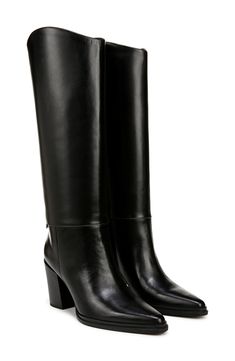 Offering an elevated take on classic Western style, this knee-high leather boot with an almond toe and block heel makes a stunning addition to any wardrobe. 3 1/4" heel 15 1/2" shaft; 15" calf circumference Side zip closure Leather upper/synthetic lining and sole Imported Black Boots Tall, Franco Sarto, Knee High Leather Boots, Block Heel Boots, Fabric Gift Bags, Anniversary Sale, Black Fits, Knee High, Western Fashion