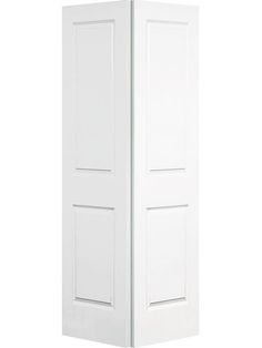 a tall white cabinet with two doors on one side and the other half open, in front of a white background