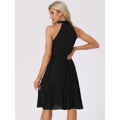 This dress is lightweight and breathable, perfecting for warm weather. The pleated design of the dress creates a flattering silhouette that complements different body shapes. A must-have option for the new season, add new styles to your wardrobe Perfect for formal or casual occasions such as work events or parties. It features a tie halter neck design that adds a touch of elegance to the dress, while the sleeveless cut keeps you cool and comfortable throughout the day. It comes in a range of siz Summer Sleeveless A-line Dress With Pleated Hem, Chic Pleated Sleeveless Dress For Beach, Summer Knee-length Sleeveless Dress With Pleated Bodice, Summer Sleeveless Knee-length Dress With Pleated Bodice, Summer A-line Sleeveless Dress With Pleated Waist, Summer Pleated A-line Sleeveless Dress, Pleated Sleeveless Dress For Vacation, Spring Sleeveless Pleated Dress For Vacation, Pleated Sleeveless Dress For Spring Vacation