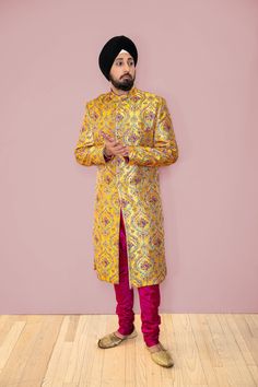 Aayan Yellow Mehendi Motif Jacquard Groom Sherwani - Harleen Kaur - Front View Embroidered Gold Bandhgala For Navratri, Bollywood Style Churidar With Gold Embroidery For Navratri, Bollywood Churidar With Gold Embroidery For Navratri, Traditional Kurta With Meenakari, Gold Churidar With Gold Embroidery For Navratri, Yellow Traditional Wear With Dabka In Traditional Drape, Yellow Traditional Wear With Dabka Embroidery, Yellow Traditional Drape With Dabka Embroidery, Yellow Salwar Kameez With Gold Embroidery For Festive Occasions