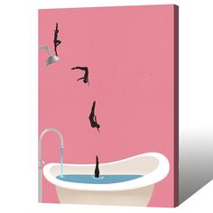 a bathtub filled with water next to a pink wall and birds flying over it