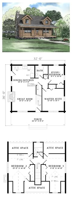 two story house plans with garage and living room in the middle, one bedroom on each floor