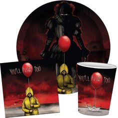 a set of two party plates and one cup with an image of a clown holding a balloon