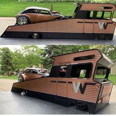 an unusual vehicle that looks like it is made out of wood and has the word w on