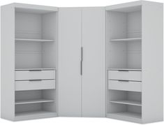 an open white cabinet with drawers and shelves on both sides, isolated against a white background