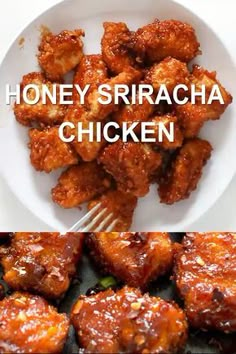 honey sriraca chicken on a white plate with the words honey sriraca chicken above it