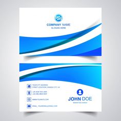 two business cards with blue and white wavy lines on the front, back and sides