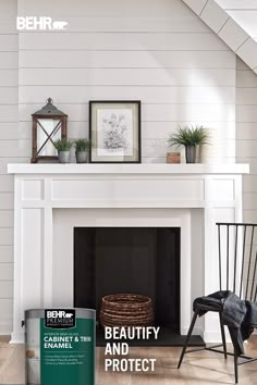 a white painted fireplace with a black chair and potted plant on the mantel