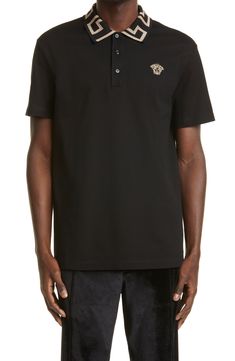 Luxury Short Sleeve Polo Shirt With Striped Collar, Luxury Short Sleeve Polo Shirt, Luxury Polo Shirt With Striped Collar, Luxury Polo Shirt With Contrast Collar, Designer Polo Shirt With Embroidered Logo, Luxury Polo Shirt With Collared Neckline For Work, Luxury Collared Polo Shirt For Workwear, Luxury Polo Shirt With Ribbed Collar For Work, Luxury Cotton Polo Shirt