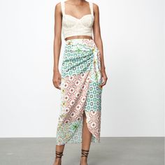 Size: L New With Tags Zara Maxi Skirt For Summer Day Out, Chic Multicolor Maxi Skirt For Beach, Zara Flowy Maxi Skirt For Vacation, Zara Bohemian Long Skirt, Multicolor Floral Print Wrap Skirt For Spring, Zara Long Bohemian Skirt, Chic Wrap Skirt For Vacation, Spring Floral Print Multicolor Wrap Skirt, Spring Multicolor Floral Print Wrap Skirt