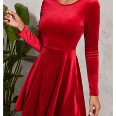 Size Us Shoulder Length Sleeve Length Bust Waist Size Hip Size Cuff M 6 14 34.4 23.6 32.7 28 55.9 7.5 L 8/10 14.6 35.2 24.2 35 30.3 58.3 7.9 Color: Red Style: Glamorous Pattern Type: Plain Details: Zipper Type: Fit And Flare Neckline: Round Neck Sleeve Length: Long Sleeve Sleeve Type: Regular Sleeve Waist Line: High Waist Hem Shaped: Flared Length: Short Fit Type: Regular Fit Fabric: Non-Stretch Material: Velvet Composition: 95% Polyester, 5% Elastane Care Instructions: Machine Wash Or Professio Velvet Frock, Mini Frock, Bell Sleeve Mini Dress, Blue Polka Dot Dress, Stretch Knit Dress, Dress Kimono, Frock Dress, Red Velvet Dress, Silky Dress